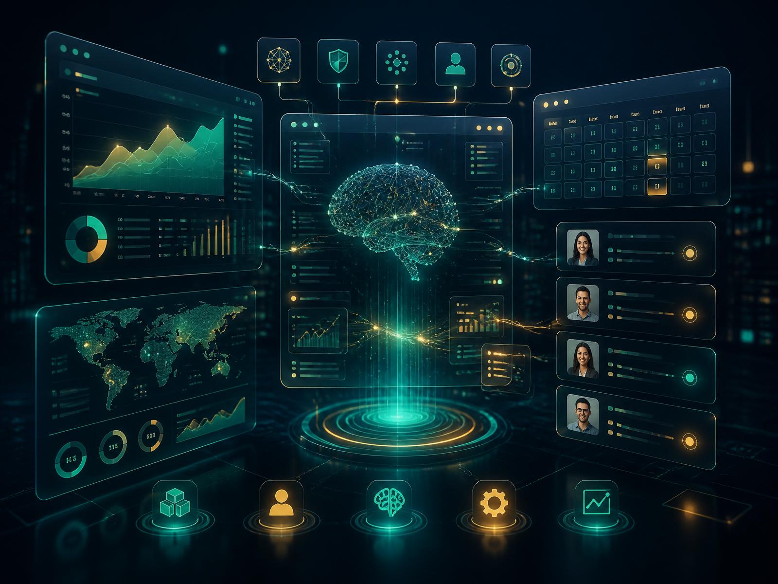 Dashboard de WorkPlus con panel de inteligencia artificial, gráficos y expedientes